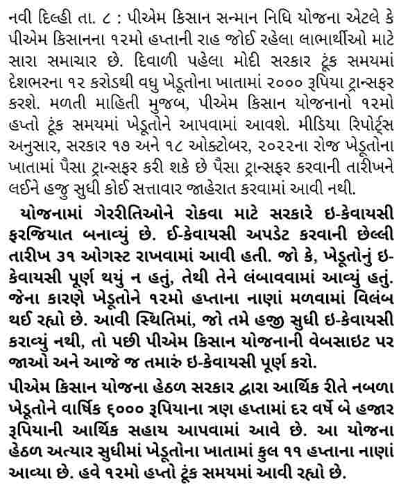 પીએમ કિસાન યોજના : ઓક્ટો.મા આ તારીખે ૧૨મો હપ્તો ખેડૂતોના ખાતામાં જમા થશે