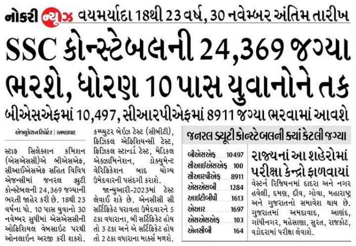 SSC કોન્સ્ટેબલની 24,369 જગ્યા ભરશે, ધોરણ 10 પાસ યુવાનોને તક